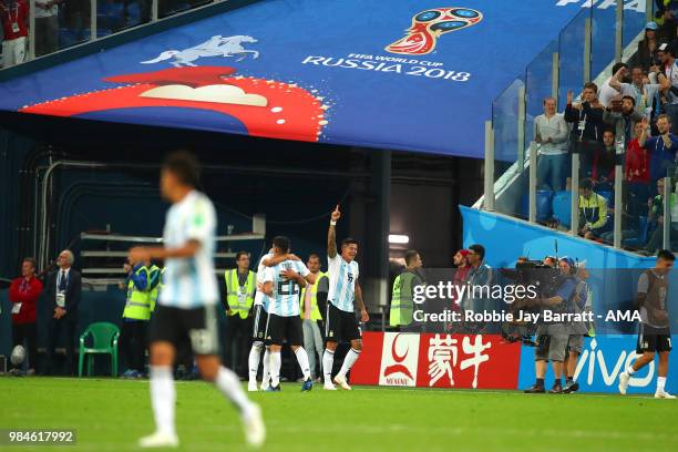 Marcos Rojo of Argentina celebrates after he scored a goal to make it 1-2 during the 2018 FIFA World Cup Russia group D match between Nigeria and...