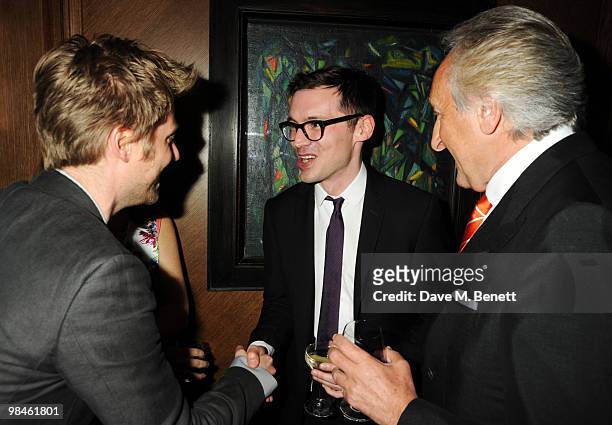Christopher Bailey, Erdem Moralioglu and Harold Tillman attend the Vogue Designer Fashion Fund Cocktail Party at The Ivy on April 14, 2010 in London,...