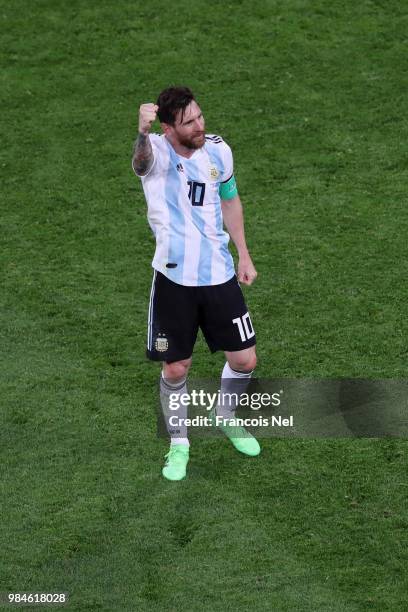 Lionel Messi of Argentina celebrates victory following the 2018 FIFA World Cup Russia group D match between Nigeria and Argentina at Saint Petersburg...