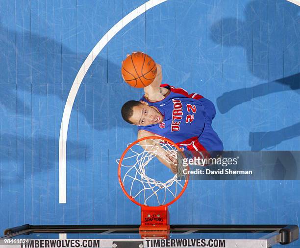 Tayshaun Prince of the Detroit Pistons goes to the basket during the game against the Minnesota Timberwolves on April 14, 2010 at the Target Center...