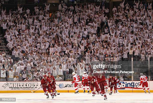 Keith Yandle, Shane Doan, Matthew Lombardi, Derek Morris and Wojtek Wolski of the Phoenix Coyotes celebrate after Derek Morris scored a third-period...