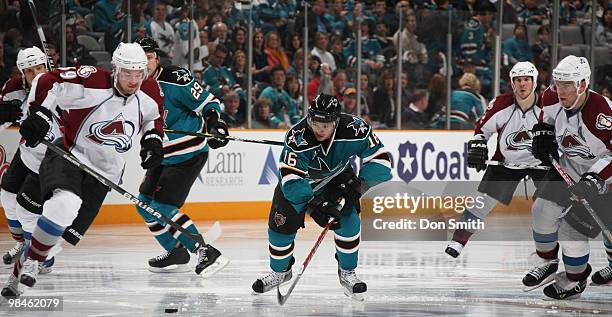 Devin Setoguchi of the San Jose Sharks works his way through traffic in Game One of the Western Conference Quarterfinals during the 2010 NHL Stanley...