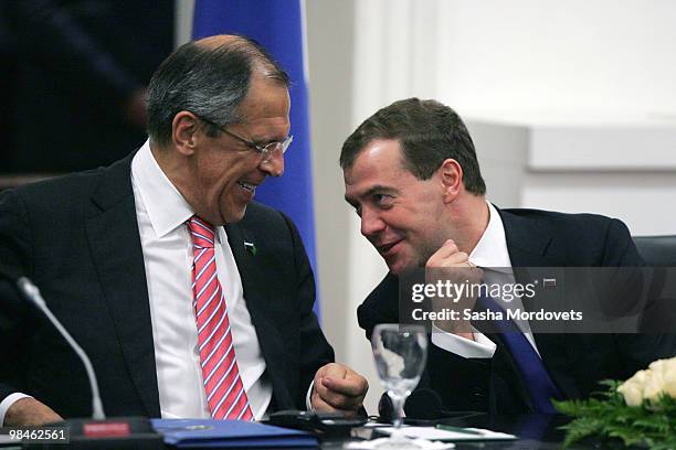 Russia's President Dmitry Medvedev and Foreign Minister Sergey Lavrov are seen during a Russian-Argentina Summit at the government palace April 14,...