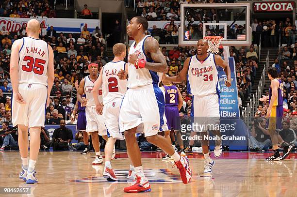 Travis Outlaw reacts while running back on defense during a game against the Los Angeles Lakers at Staples Center on April 14, 2010 in Los Angeles,...
