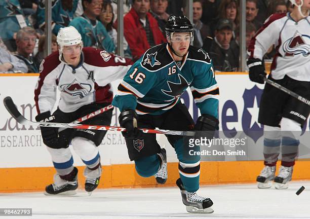 Devin Setoguchi of the San Jose Sharks skates up ice in Game One of the Western Conference Quarterfinals during the 2010 NHL Stanley Cup Playoffs vs...