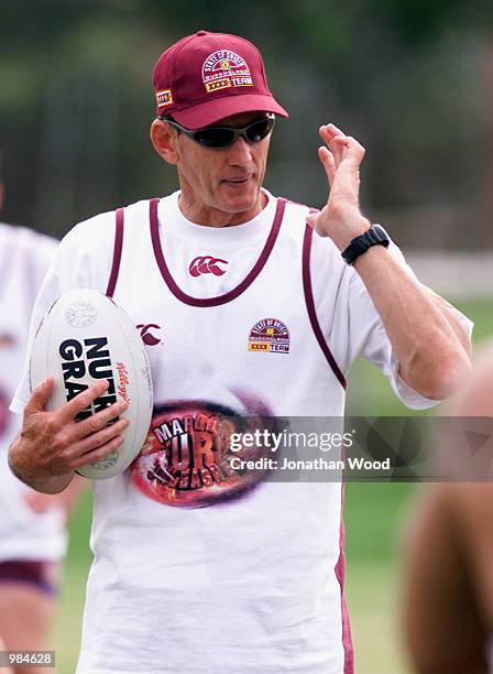 Wayne Bennett of Queensland directs his players during a State of Origin training session held at the Southport Junior Rugby League Club, Gold Coast,...