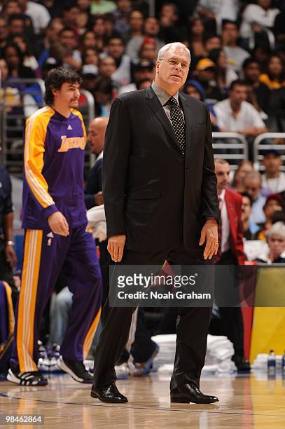 Head Coach Phil Jackson of the Los Angeles Lakers looks on during a game against the Los Angeles Clippers at Staples Center on April 14, 2010 in Los...