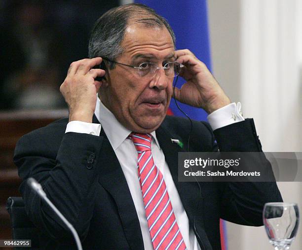 Russia's Foreign Minister Sergey Lavrov is seen during a Russian-Argentina Summit at the government palace April 14, 2010 in Buenos Aires, Argentina....