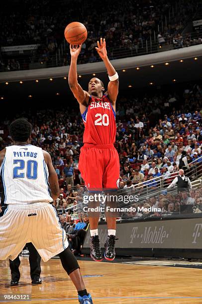 Jodie Meeks of the Philadelphia 76ers shoots a jumper against the Orlando Magic during the game on April 14, 2010 at Amway Arena in Orlando, Florida....