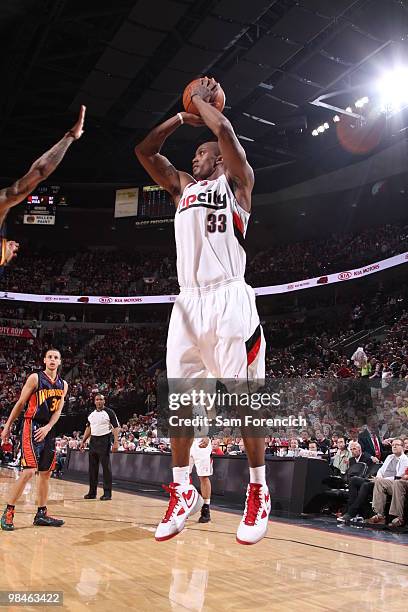 Dante Cunningham of the Portland Trail Blazers goes up for a shot during a game against the Golden State Warriors on April 14, 2010 at the Rose...