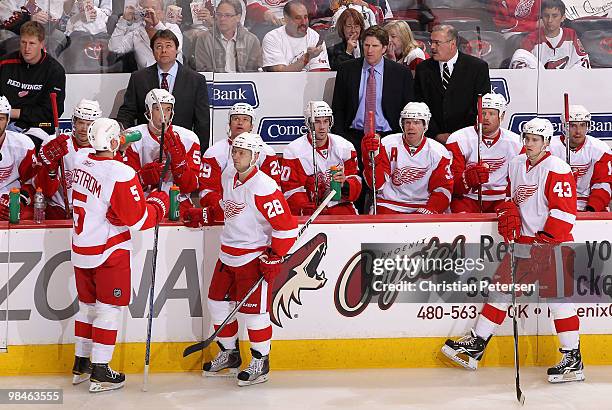 Head coach Mike Babcock and the Detroit Red Wings rest during a break from Game One of the Western Conference Quarterfinals against the Phoenix...