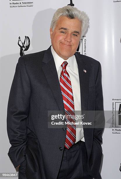 Personality Jay Leno arrives at the American Women in Radio & Television Southern California 2010 Genii Awards at Skirball Cultural Center on April...