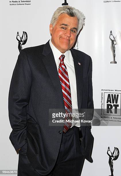 Personality Jay Leno arrives at the American Women in Radio & Television Southern California 2010 Genii Awards at Skirball Cultural Center on April...