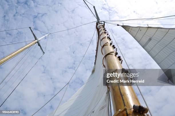 jib and wooden mast of schooner sailboat - jib stockfoto's en -beelden