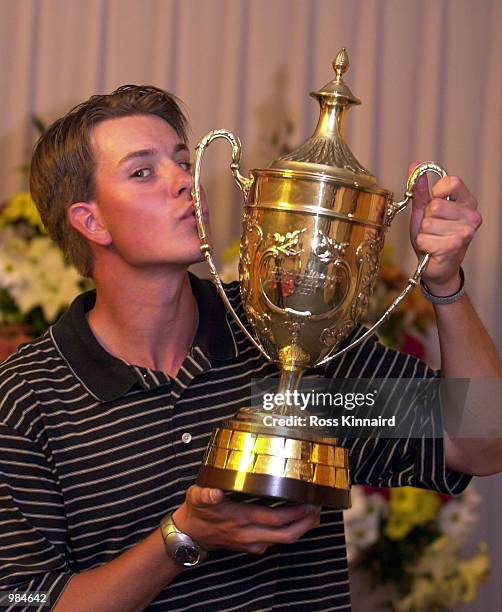 Henrik Stenson of Sweden with the B&H trophy after winning the Benson & Hedges International open held at the Belfry, Birmingham, England. Digital...