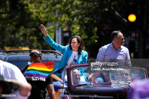 Senator Kamala Harris rides during the 2018 San Francisco Pride Parade on June 24, 2018 in San Francisco, California.