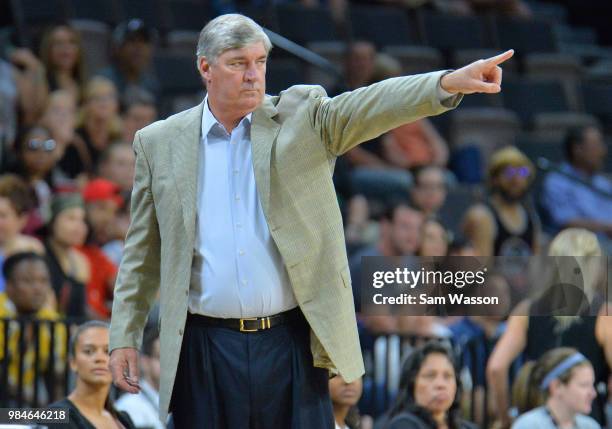 Head coach Bill Laimbeer of the Las Vegas Aces signals to his team during their game against the Minnesota Lynx at the Mandalay Bay Events Center on...