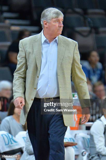 Head coach Bill Laimbeer of the Las Vegas Aces looks on during his team's game against the Minnesota Lynx at the Mandalay Bay Events Center on June...