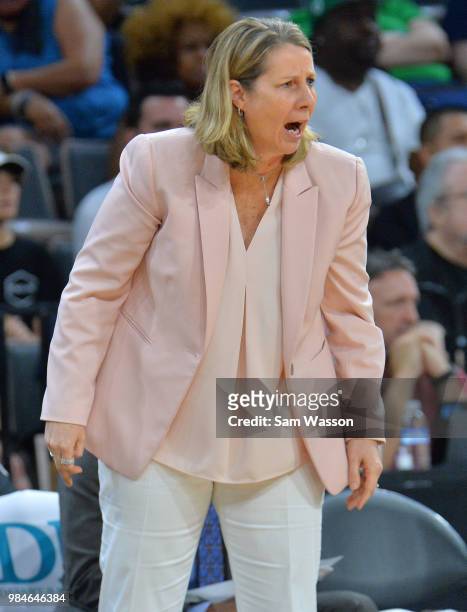 Head coach Cheryl Reeve of the Minnesota Lynx reacts to a play during her team's game against the Las Vegas Aces at the Mandalay Bay Events Center on...