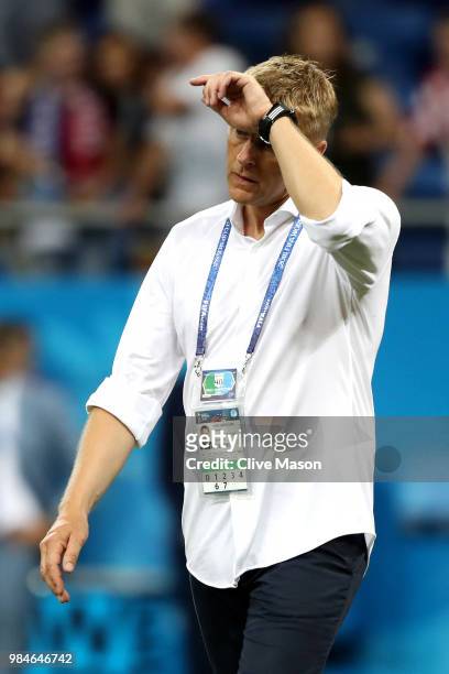 Heimir Hallgrimsson, Manager of Iceland looks dejected following his sides defeat in the 2018 FIFA World Cup Russia group D match between Iceland and...