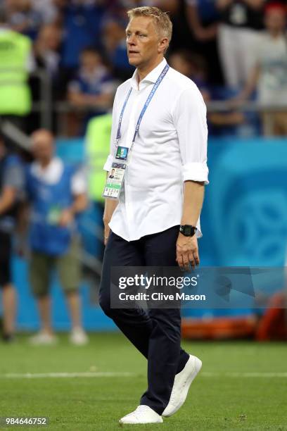 Heimir Hallgrimsson, Manager of Iceland looks dejected following his sides defeat in the 2018 FIFA World Cup Russia group D match between Iceland and...