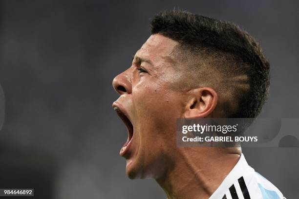 Argentina's defender Marcos Rojo celebrates his goal during the Russia 2018 World Cup Group D football match between Nigeria and Argentina at the...