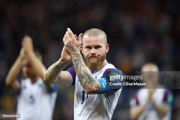 Aron Gunnarsson of Iceland applauds fans after the 2018 FIFA World Cup Russia group D match between Iceland and Croatia at Rostov Arena on June 26,...