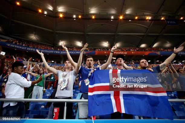 Iceland fans show their support after the 2018 FIFA World Cup Russia group D match between Iceland and Croatia at Rostov Arena on June 26, 2018 in...