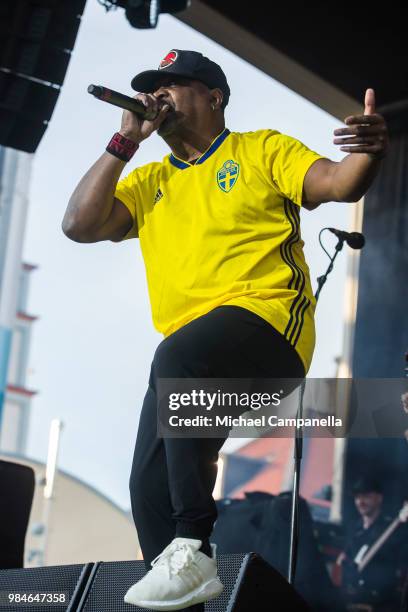 Chuck D of the band Prophets of Rage performs in concert at Grona Lund on June 26, 2018 in Stockholm, Sweden.