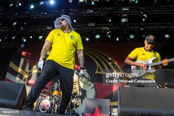 Real and Tom Morello of the band Prophets of Rage perform in concert at Grona Lund on June 26, 2018 in Stockholm, Sweden.