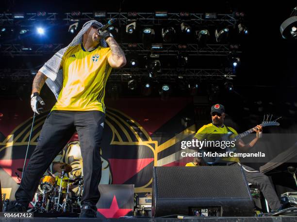 Real and Tom Morello of the band Prophets of Rage performs in concert at Grona Lund on June 26, 2018 in Stockholm, Sweden.