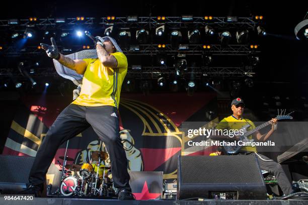 Real and Tom Morello of the band Prophets of Rage performs in concert at Grona Lund on June 26, 2018 in Stockholm, Sweden.