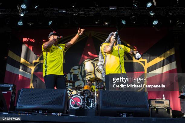 Chuck D and B-Real of the band Prophets of Rage performs in concert at Grona Lund on June 26, 2018 in Stockholm, Sweden.