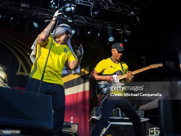 Real and Tom Morello of the band Prophets of Rage perform in concert at Grona Lund on June 26, 2018 in Stockholm, Sweden.