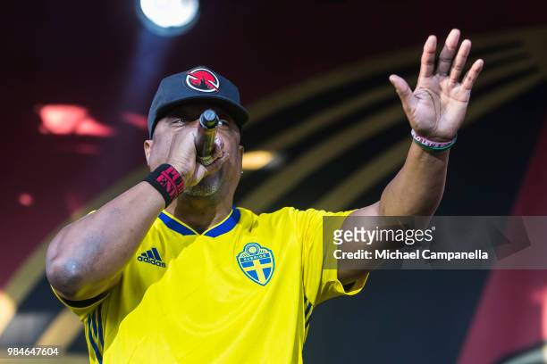 Chuck D of the band Prophets of Rage performs in concert at Grona Lund on June 26, 2018 in Stockholm, Sweden.