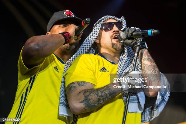 Chuck D and B-Real of the band Prophets of Rage perform in concert at Grona Lund on June 26, 2018 in Stockholm, Sweden.