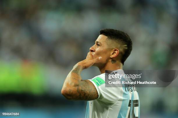 Marcos Rojo of Argentina celebrates victory following the 2018 FIFA World Cup Russia group D match between Nigeria and Argentina at Saint Petersburg...