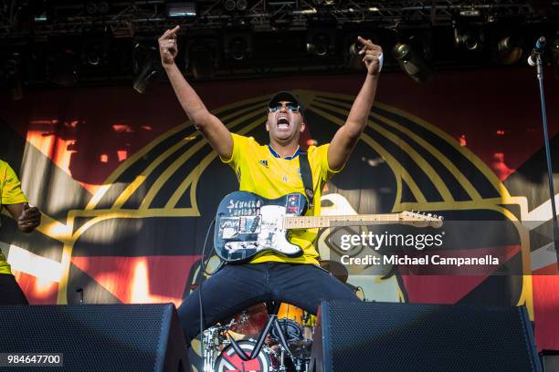 Tom Morello of the band Prophets of Rage performs in concert at Grona Lund on June 26, 2018 in Stockholm, Sweden.