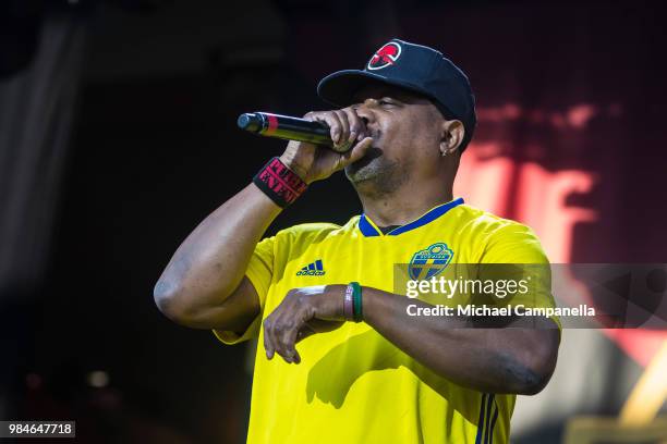 Chuck D of the band Prophets of Rage performs in concert at Grona Lund on June 26, 2018 in Stockholm, Sweden.