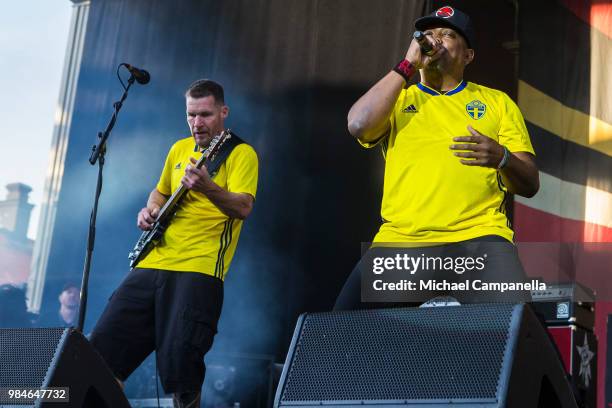 Tim Commerford and Chuck D of the band Prophets of Rage perform in concert at Grona Lund on June 26, 2018 in Stockholm, Sweden.