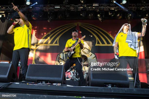 Chuck D, Tom Morello, and B-Real of the band Prophets of Rage performs in concert at Grona Lund on June 26, 2018 in Stockholm, Sweden.