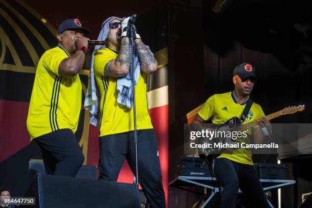 Chuck D, B-Real, and Tom Morello of the band Prophets of Rage perform in concert at Grona Lund on June 26, 2018 in Stockholm, Sweden.