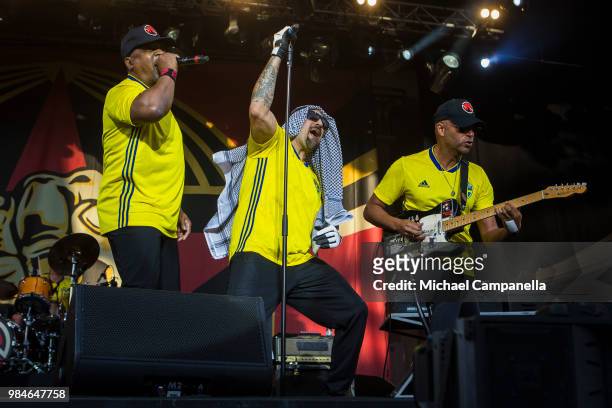 Chuck D, B-Real, and Tom Morello of the band Prophets of Rage perform in concert at Grona Lund on June 26, 2018 in Stockholm, Sweden.