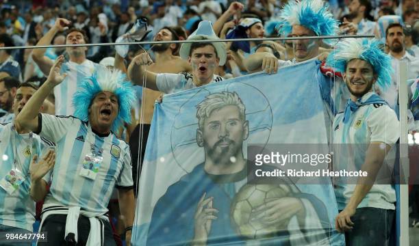 Argentina fans celebrate victory following the 2018 FIFA World Cup Russia group D match between Nigeria and Argentina at Saint Petersburg Stadium on...