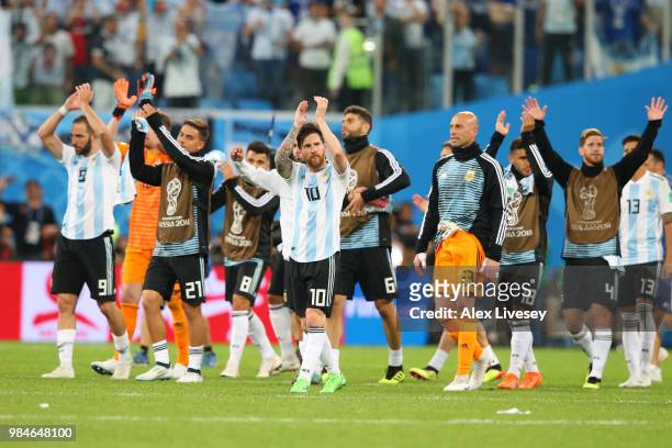 Lionel Messi of Argentina applauds the fans following the 2018 FIFA World Cup Russia group D match between Nigeria and Argentina at Saint Petersburg...