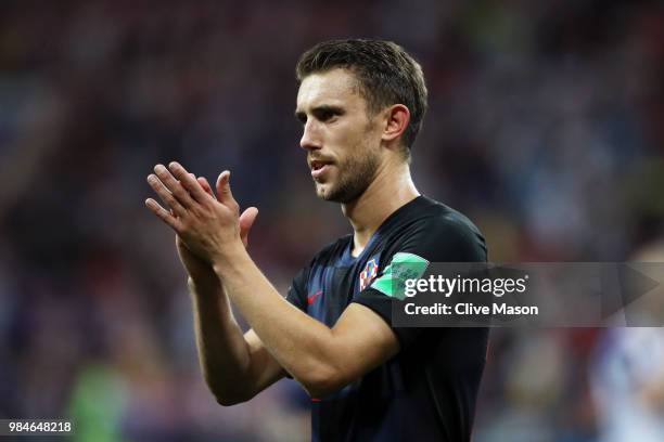 Josip Pivaric of Croatia applauds fans after the 2018 FIFA World Cup Russia group D match between Iceland and Croatia at Rostov Arena on June 26,...