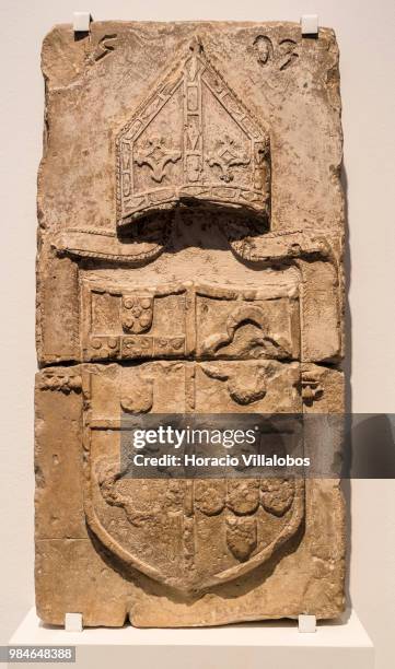 Coats of arms on display at "Na Rota Das Catedrais - Construcoes E Identidades" exhibition in D. Luis I gallery of Palacio Nacional da Ajuda on June...