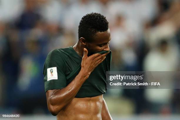 John Obi Mikel of Nigeria shows his dejection following the 2018 FIFA World Cup Russia group D match between Nigeria and Argentina at Saint...