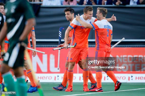 Thijs van Dam of Holland celebrates 3-0 with Jeroen Hertzberger of Holland during the Champions Trophy match between Holland v Pakistan at the...