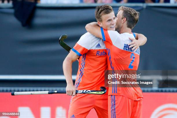 Thijs van Dam of Holland celebrates 3-0 with Jeroen Hertzberger of Holland during the Champions Trophy match between Holland v Pakistan at the...